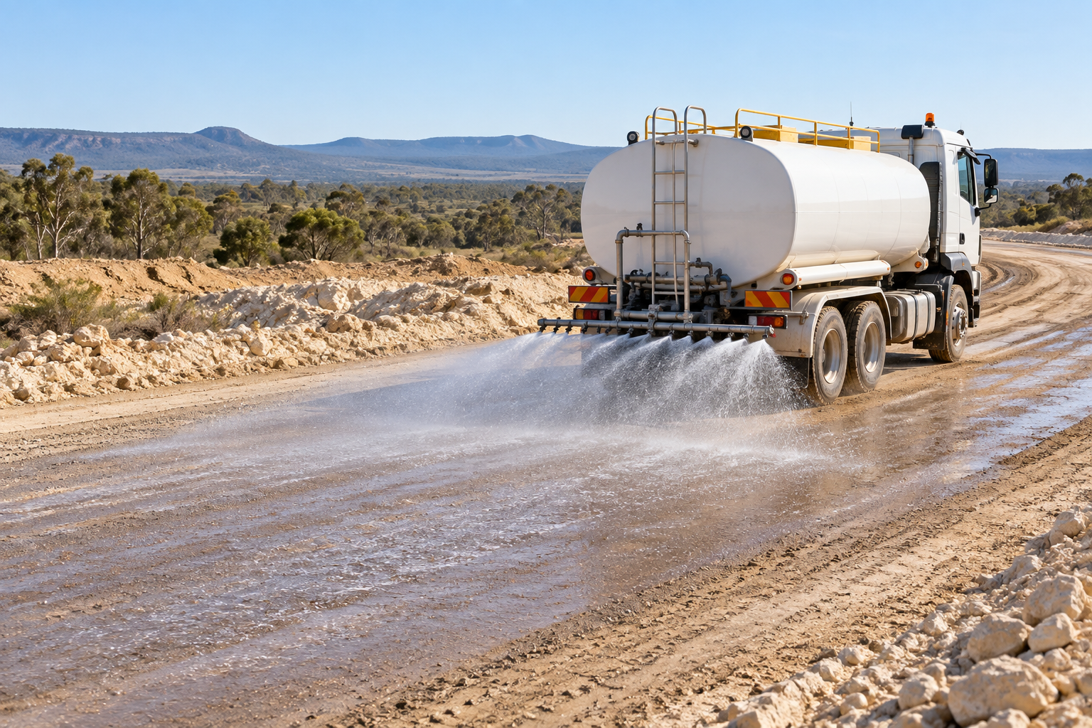 White bulk water truck spraying a civil construction access road.